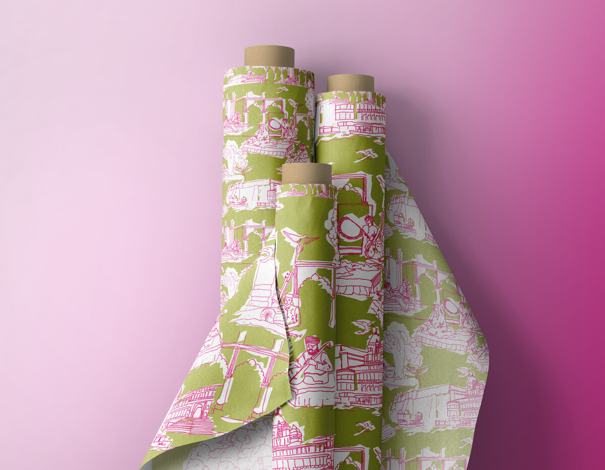Fabric roll with pink and green print